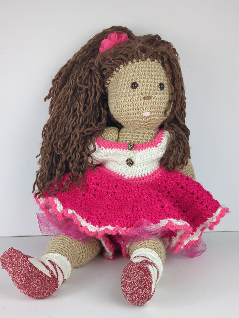 Handmade Large Crochet Doll with Brown Hair and Pink Dress